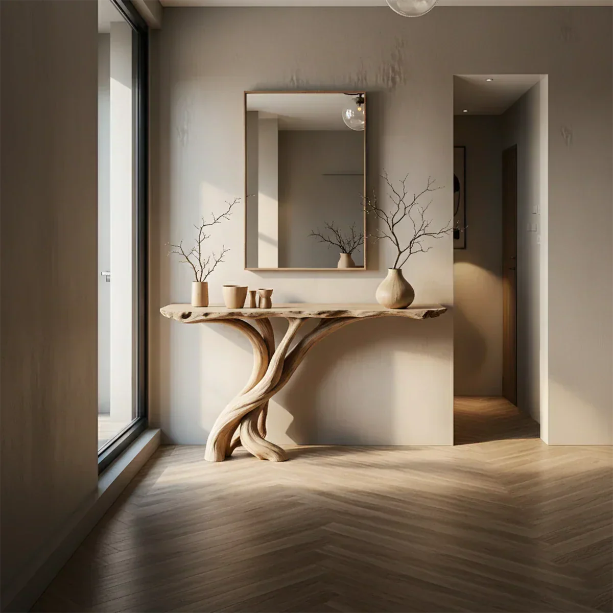 Natural Solid Wood Japandi Twisted-Root Console Table - Rustirawood