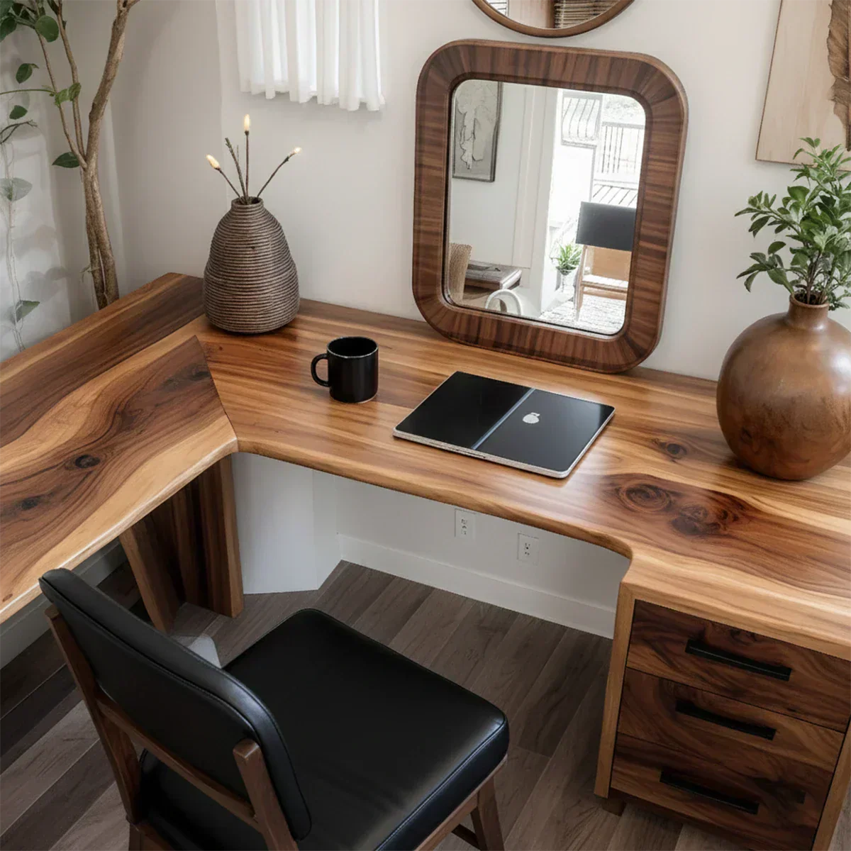Natural Solid Wood L-Shape Desk with Drawer Cabinet - Rustirawood