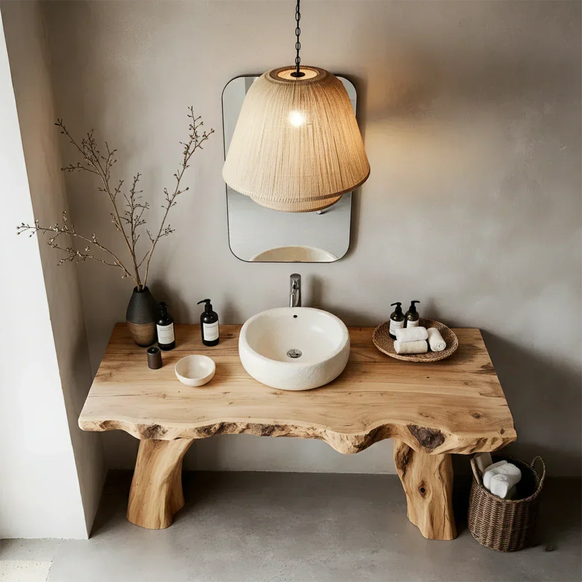 Natural Solid Wood Live-Edge Bathroom Vanity with Organic Sculpted Legs - Rustirawood