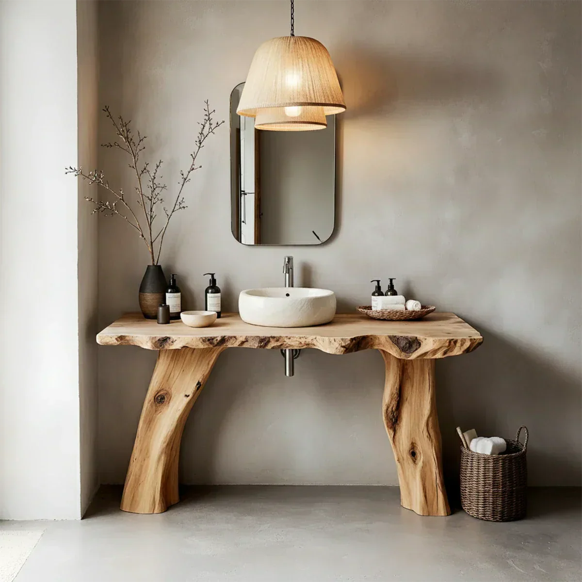 Natural Solid Wood Live-Edge Bathroom Vanity with Organic Sculpted Legs - Rustirawood