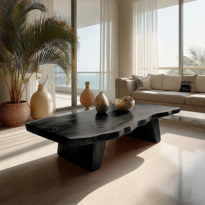 Organic Live Edge Coffee Table with Double Pedestal Base in Natural Solid Wood - Rustirawood