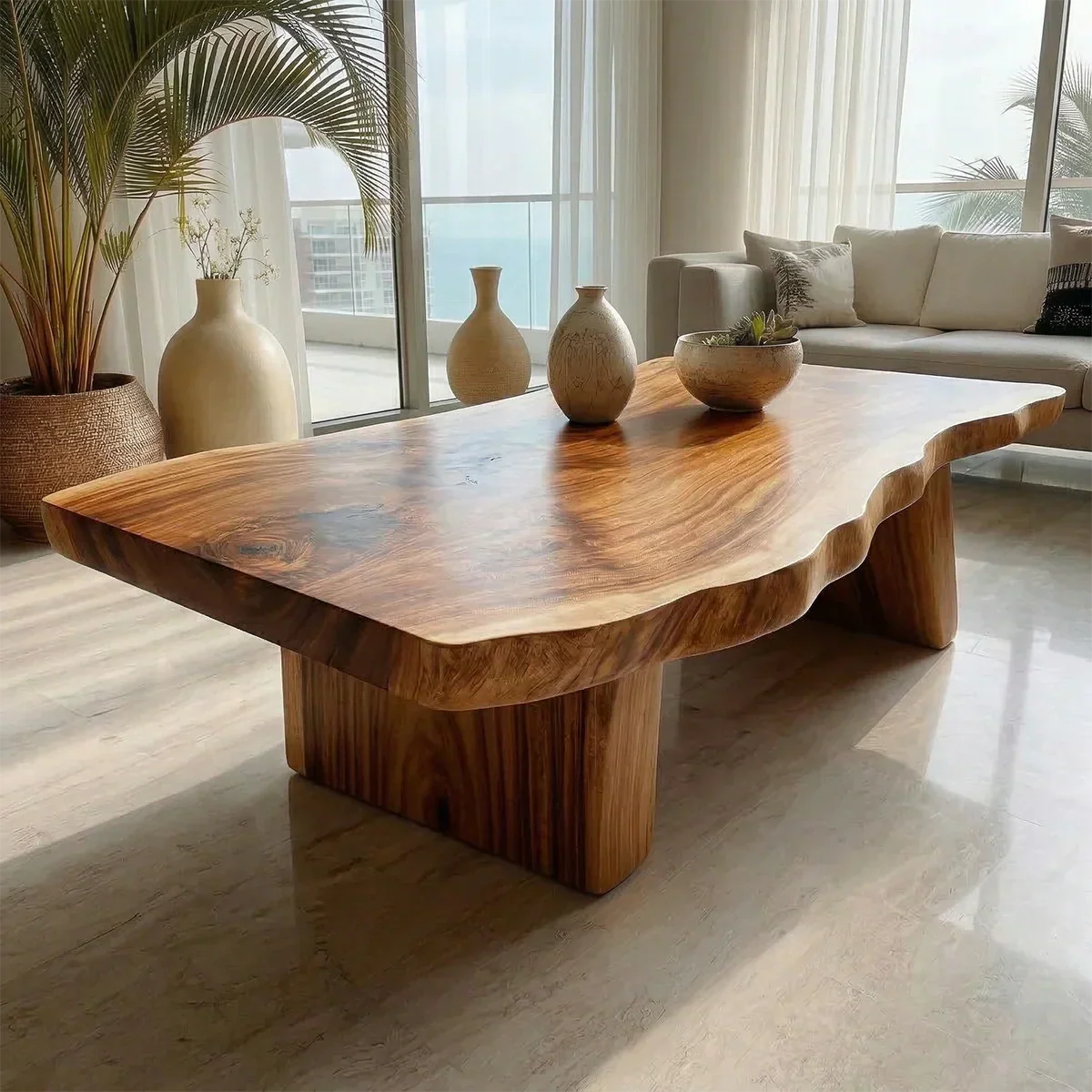 Organic Live Edge Coffee Table with Double Pedestal Base in Natural Solid Wood - Rustirawood