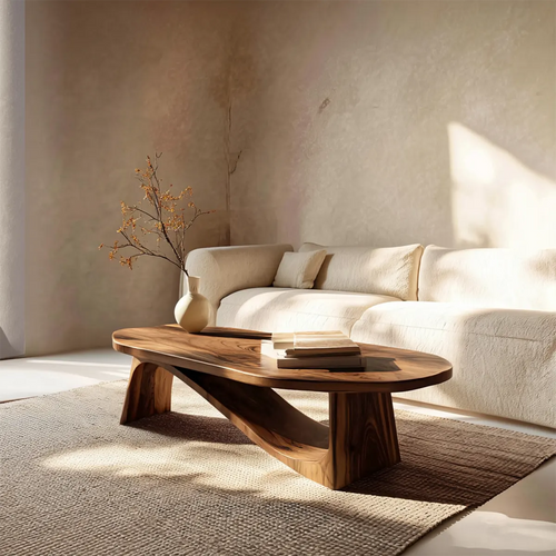 Oval Sculptural Coffee Table with Bridge Base in Natural Solid Wood - Rustirawood