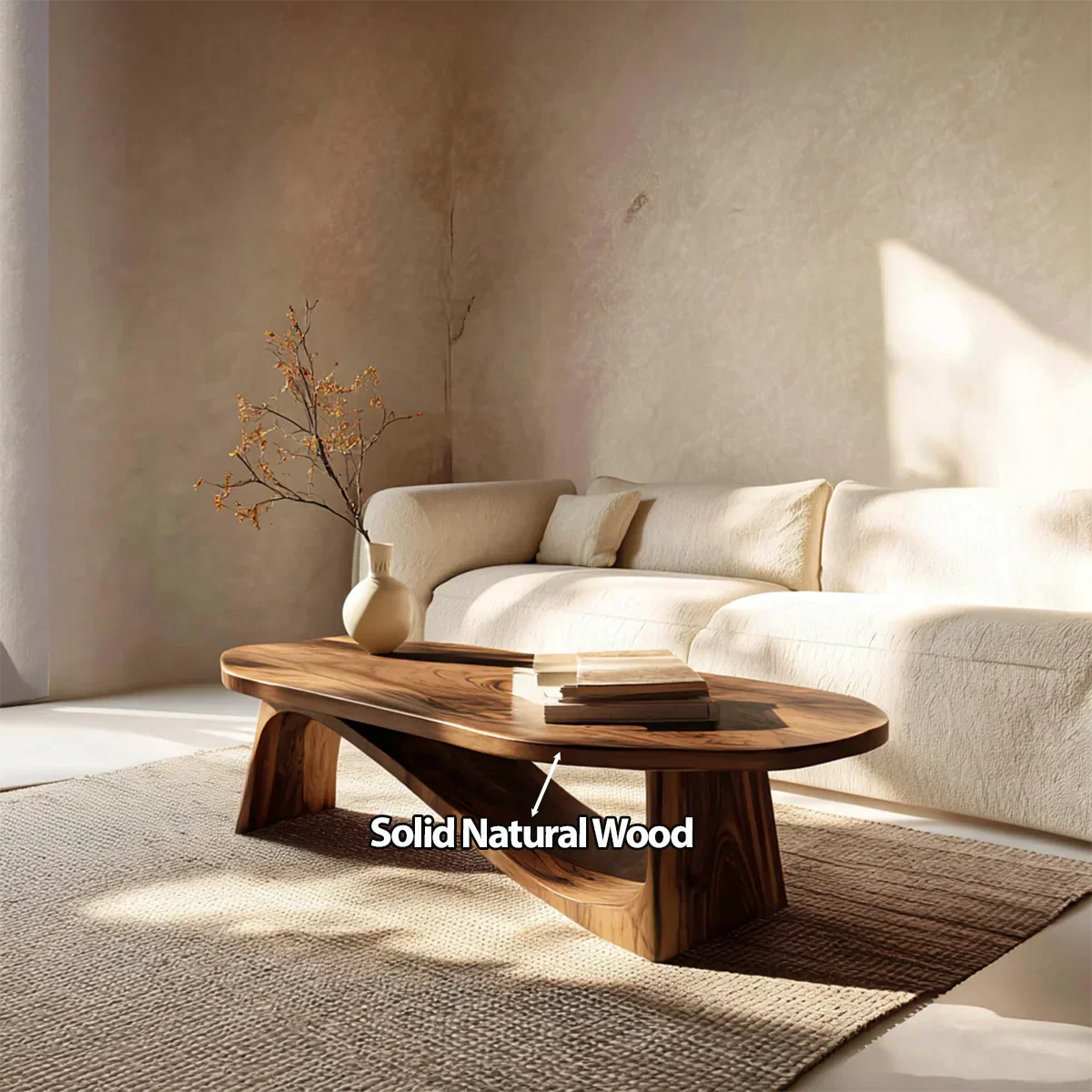 Oval Sculptural Coffee Table with Bridge Base in Natural Solid Wood - Rustirawood