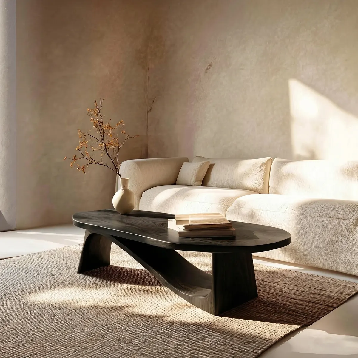 Oval Sculptural Coffee Table with Bridge Base in Natural Solid Wood - Rustirawood