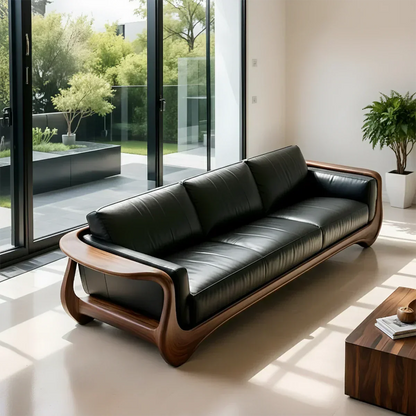 Premium Leather & Natural Solid Wood Sofa – Sculpted Modern Form - Rustirawood