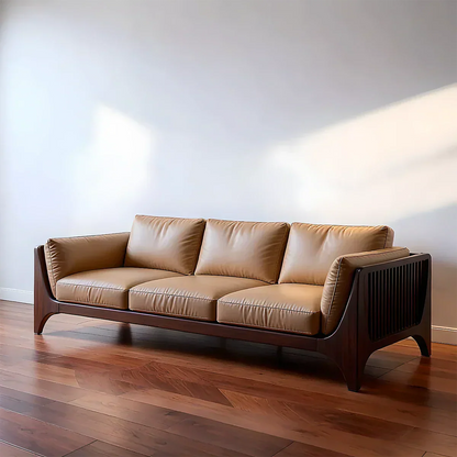 Premium Solid Wood Leather Sofa – Modern Minimal Design - Rustirawood