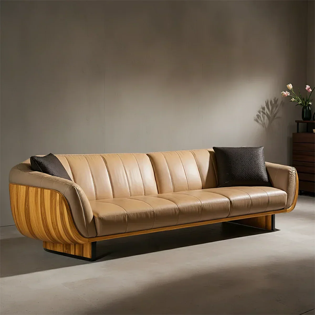 Premium Solid Wood Leather Sofa – Modern Sculptural Design - Rustirawood