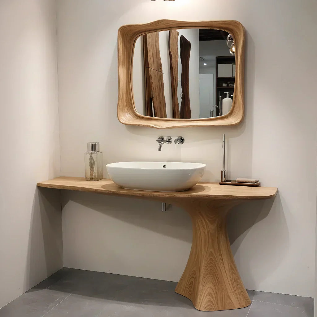 Sculpted Solid Wood Bathroom Vanity With Modern Curved Base - Rustirawood