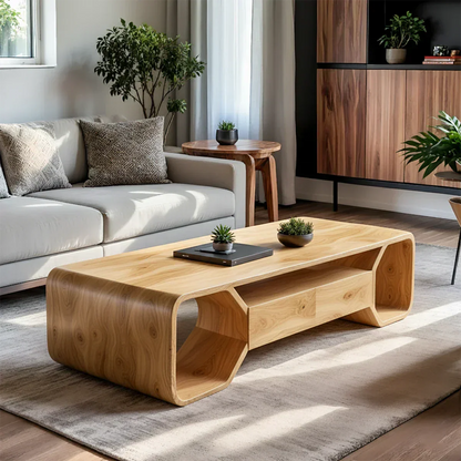 Sculpted Solid Wood Coffee Table With Storage – Modern Curved Form - Rustirawood