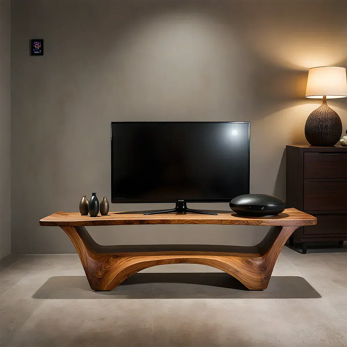 Sculpted Solid Wood TV Stand – Modern Curved Minimalist Design - Rustirawood
