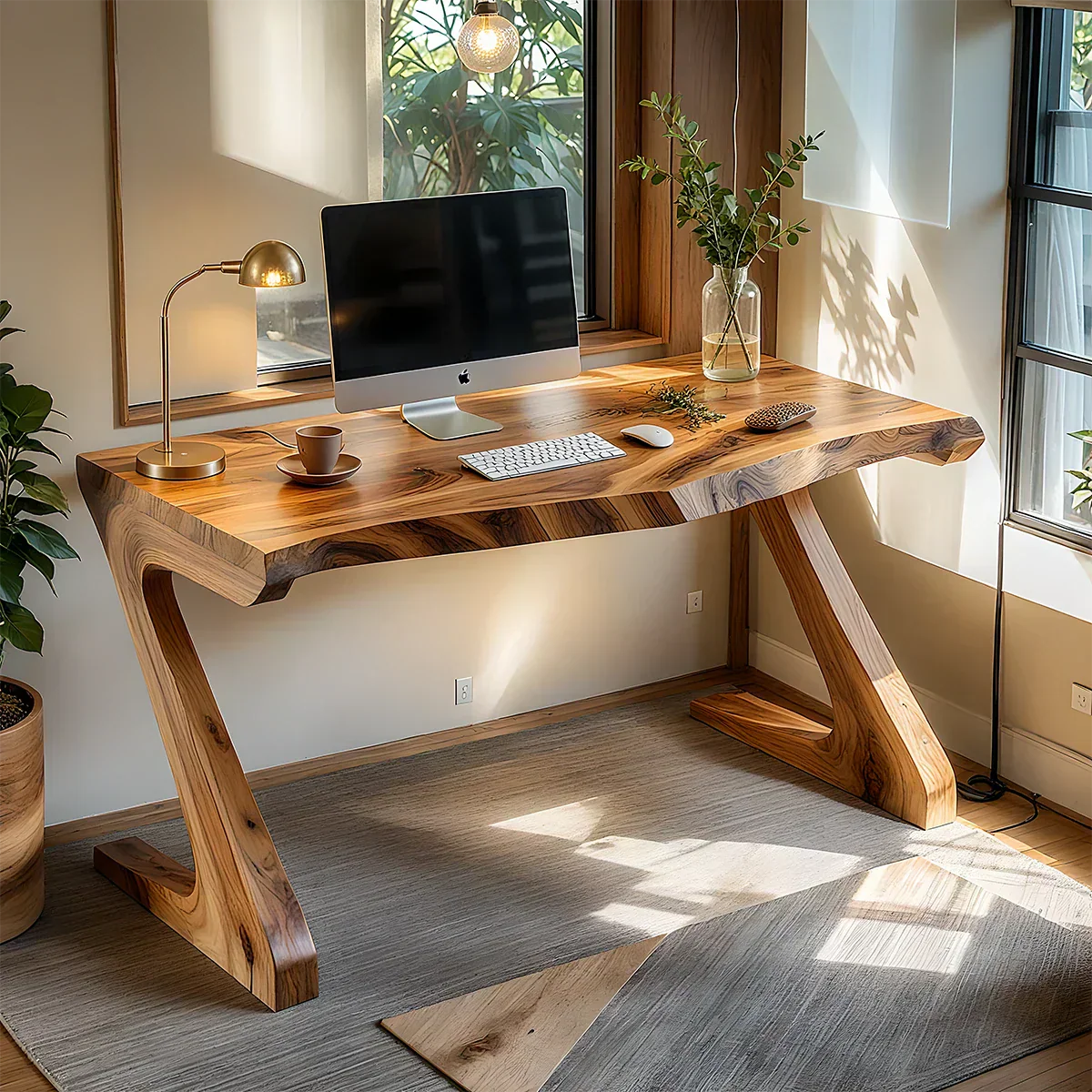 Sculpted Solid Wood Z-Leg Desk for Modern Workspaces - Rustirawood