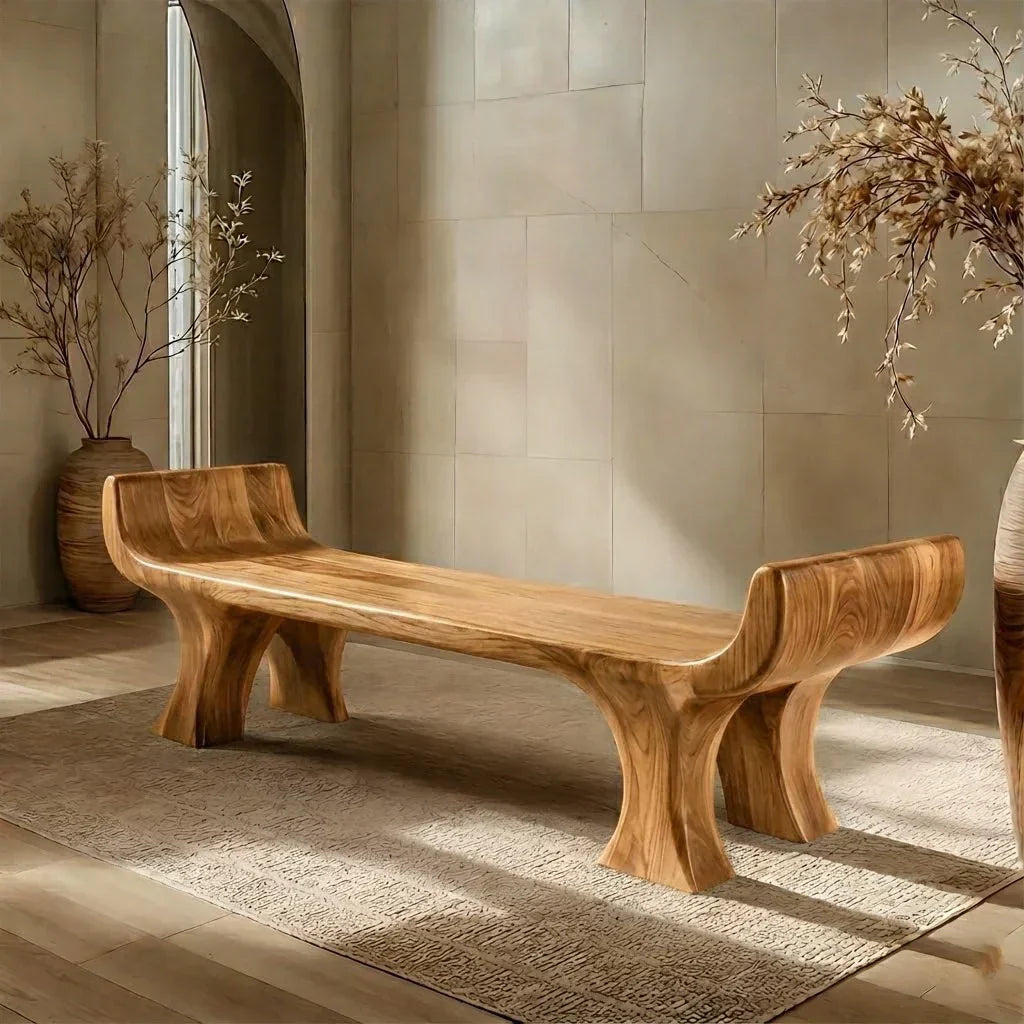 Sculpted Wing-End Bench in Natural Solid Wood - Rustirawood