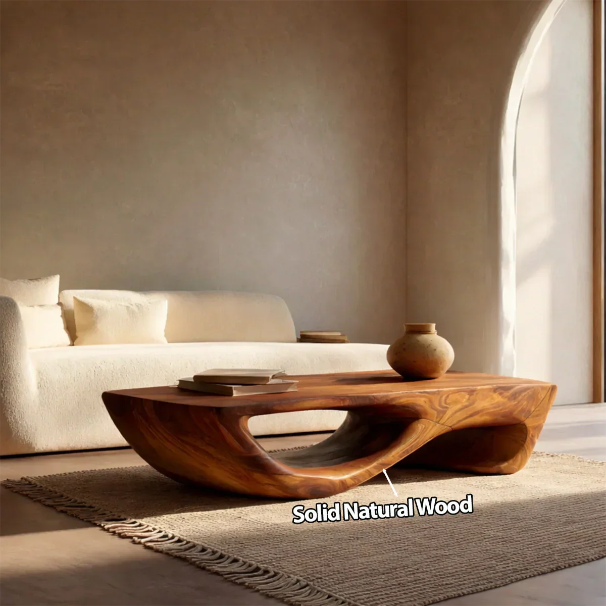 Sculptural Modern Coffee Table with Hollow Curve Base in Natural Solid Wood - Rustirawood