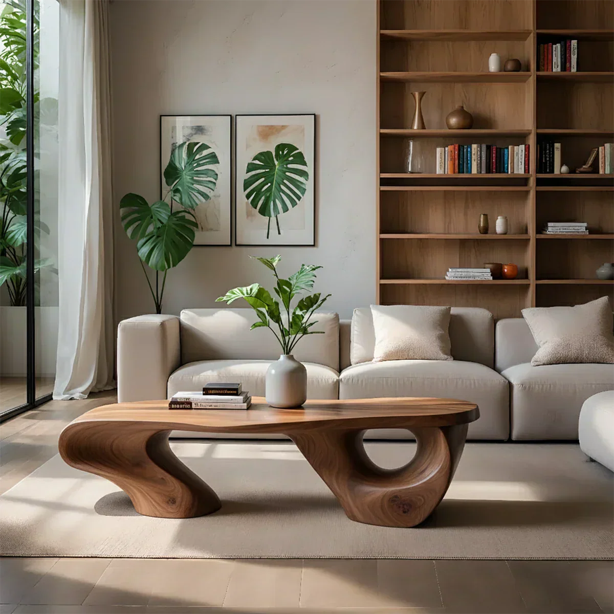 Sculptural Natural Solid Wood Coffee Table — Organic Curve Design - Rustirawood