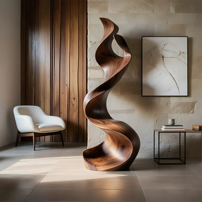 Sculptural Natural Solid Wood Floor Art — Handcarved Organic Twist Form - Rustirawood