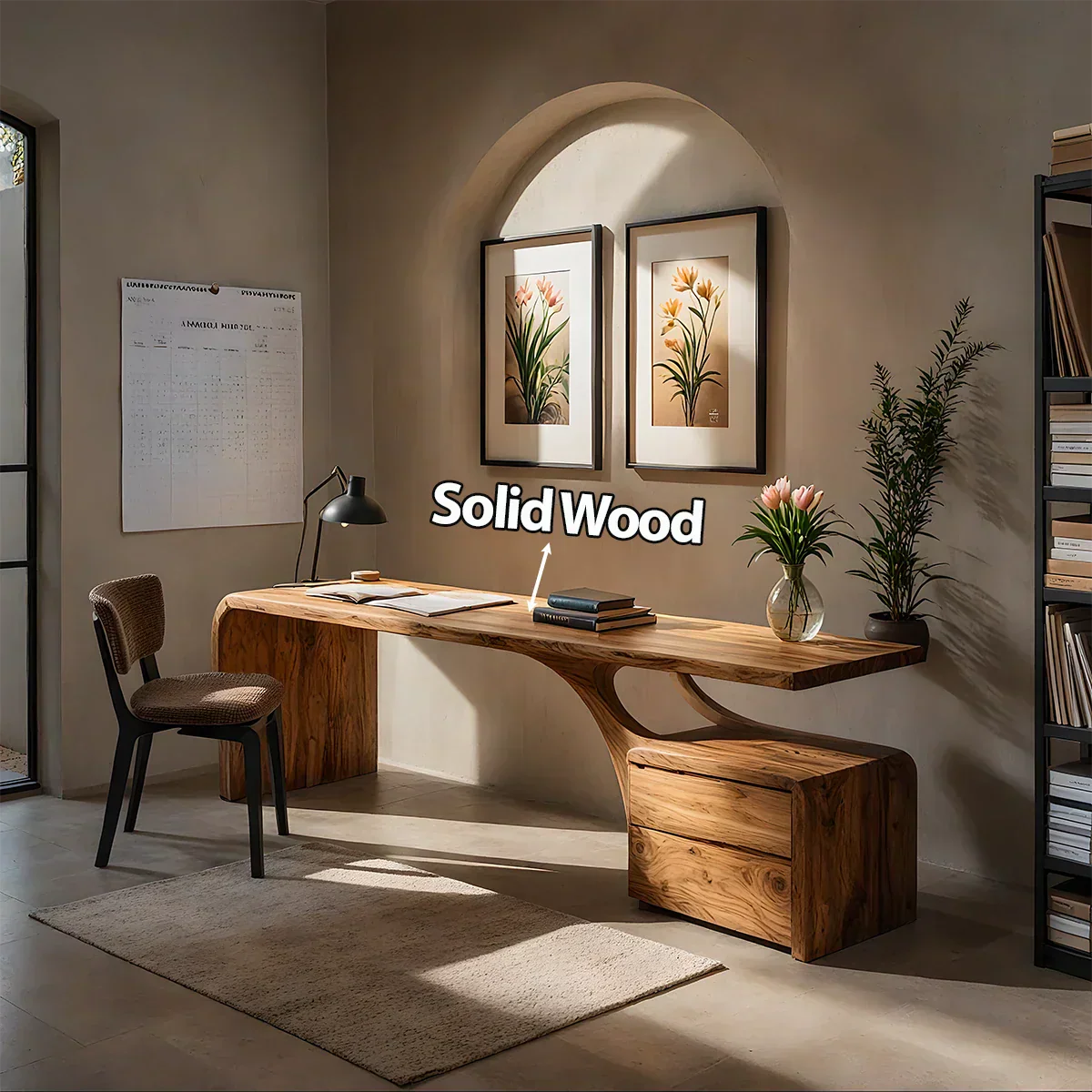 Sculptural Solid Wood Desk with Rustic Curved Base & Storage - Rustirawood