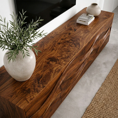 Sculptural Wave Front Solid Wood TV Stand with Storage Cabinets - Rustirawood