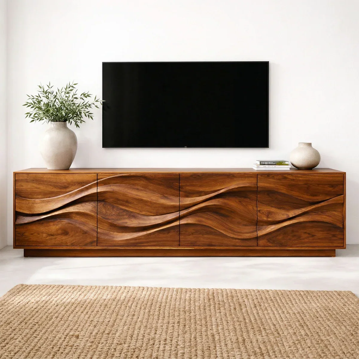 Sculptural Wave Front Solid Wood TV Stand with Storage Cabinets - Rustirawood