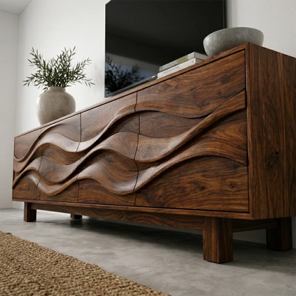 Sculptural Wave Front Solid Wood TV Stand with Storage Cabinets - Rustirawood
