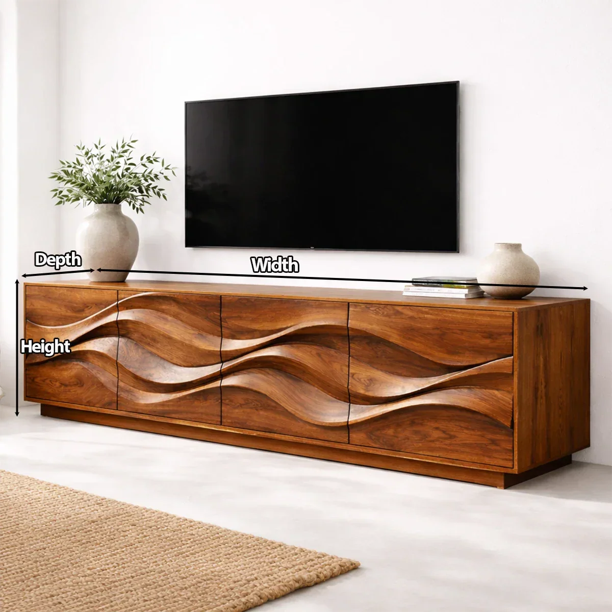Sculptural Wave Front Solid Wood TV Stand with Storage Cabinets - Rustirawood