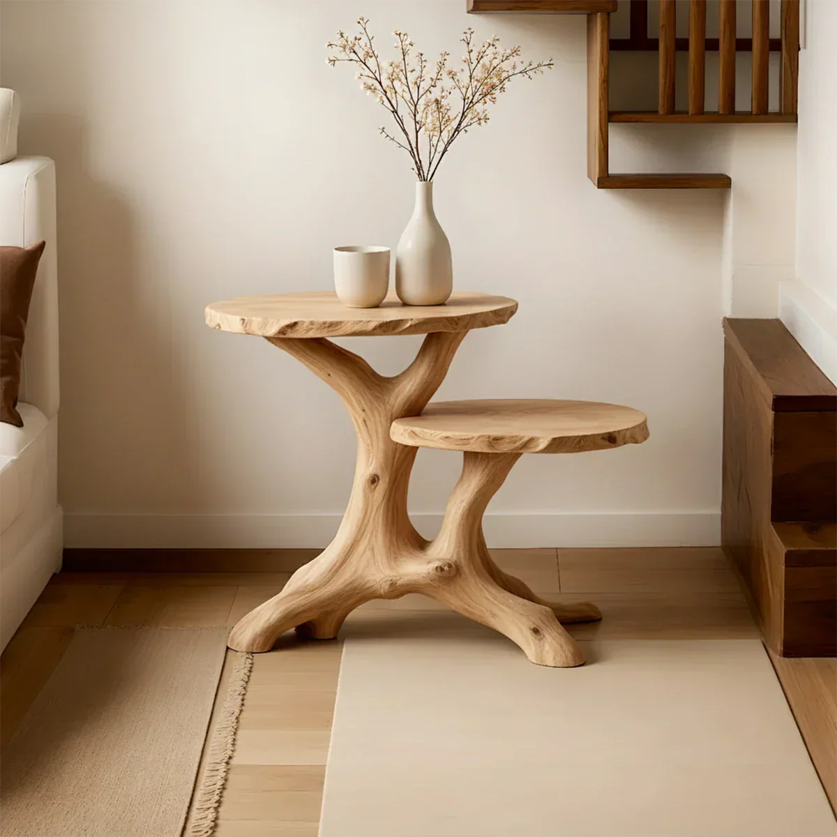 Solid Wood Accent Table – Modern Sculptural Branchform Duo Design - Rustirawood