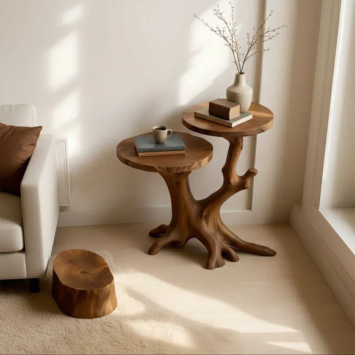 Solid Wood Accent Table – Modern Sculptural Branchform Twin Design - Rustirawood