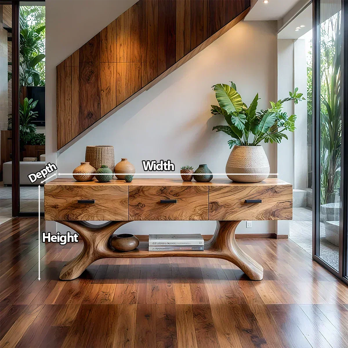 Solid Wood Console Table with Organic Sculptural Base & Drawers