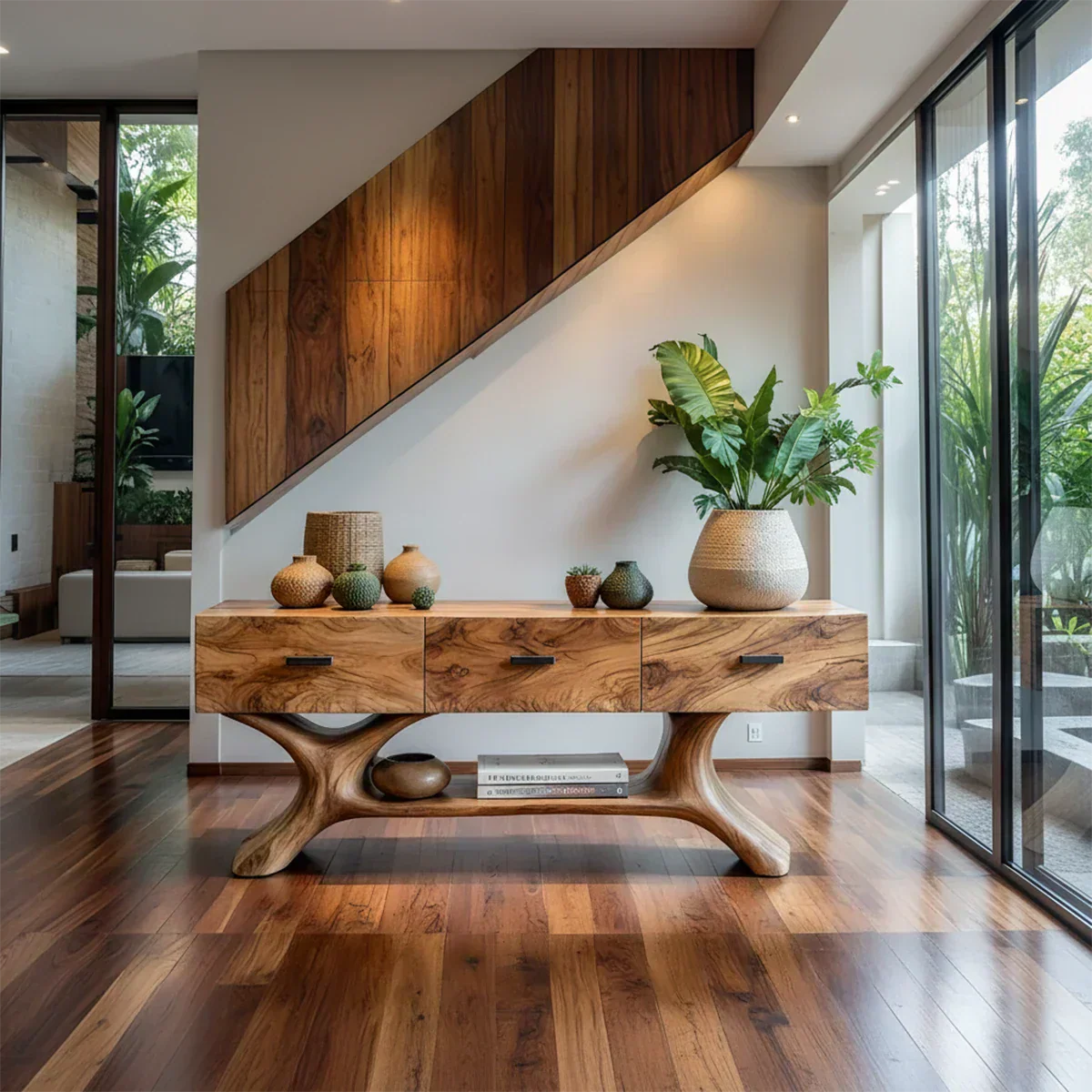 Solid Wood Console Table with Organic Sculptural Base & Drawers - Rustirawood