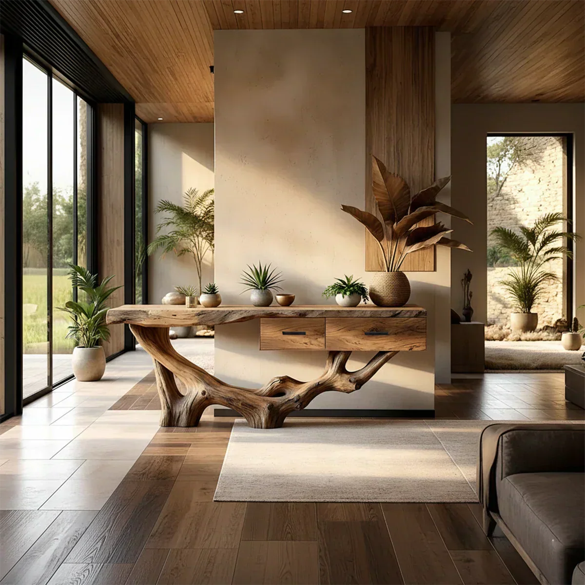 Solid Wood Console Table with Raw-Edge Top & Sculpted Root-Form Base - Rustirawood