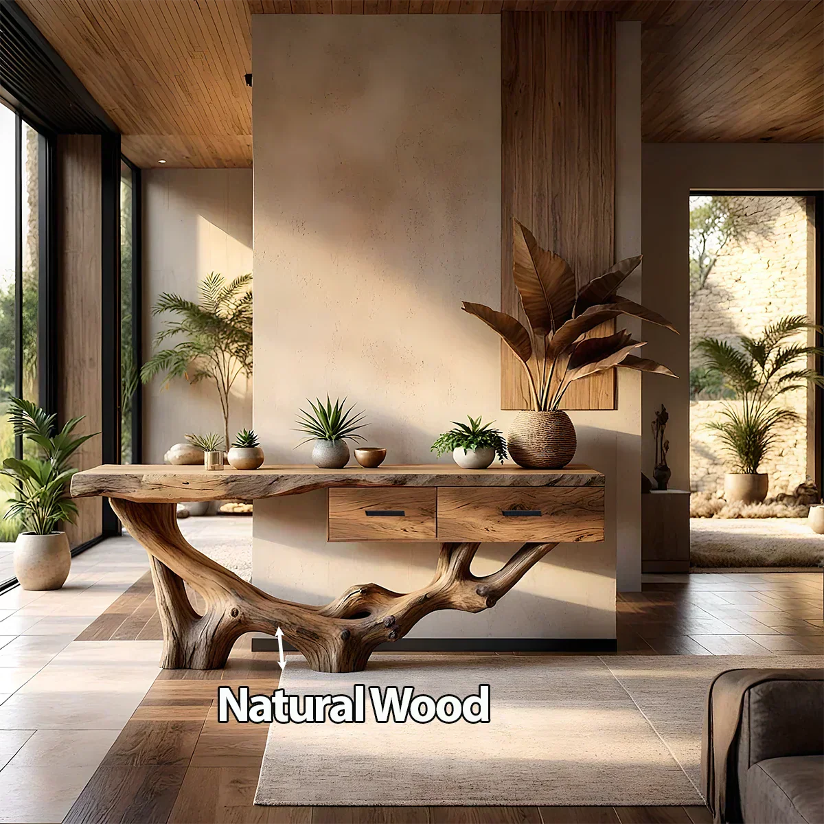 Solid Wood Console Table with Raw-Edge Top & Sculpted Root-Form Base - Rustirawood