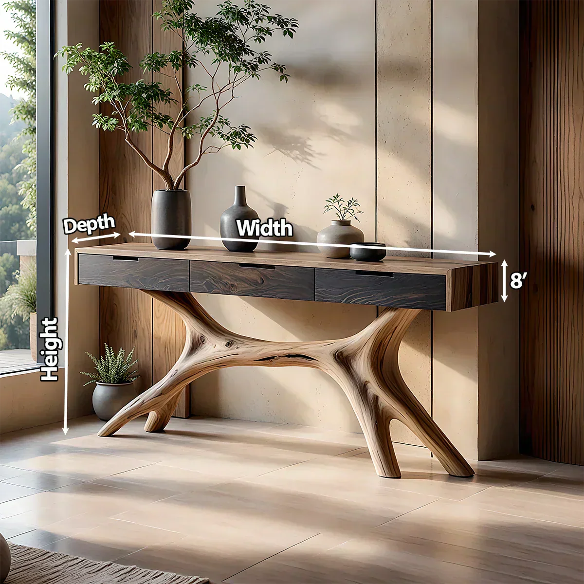 Solid Wood Console Table with Sculptural Branch-Form Base & Drawers - Rustirawood