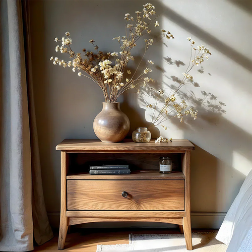 Solid Wood Minimalist Nightstand – Single Drawer & Open Shelf - Rustirawood