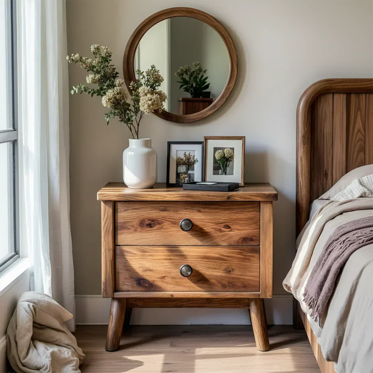 Solid Wood Scandinavian Nightstand – Two-Drawer Minimalist Design - Rustirawood