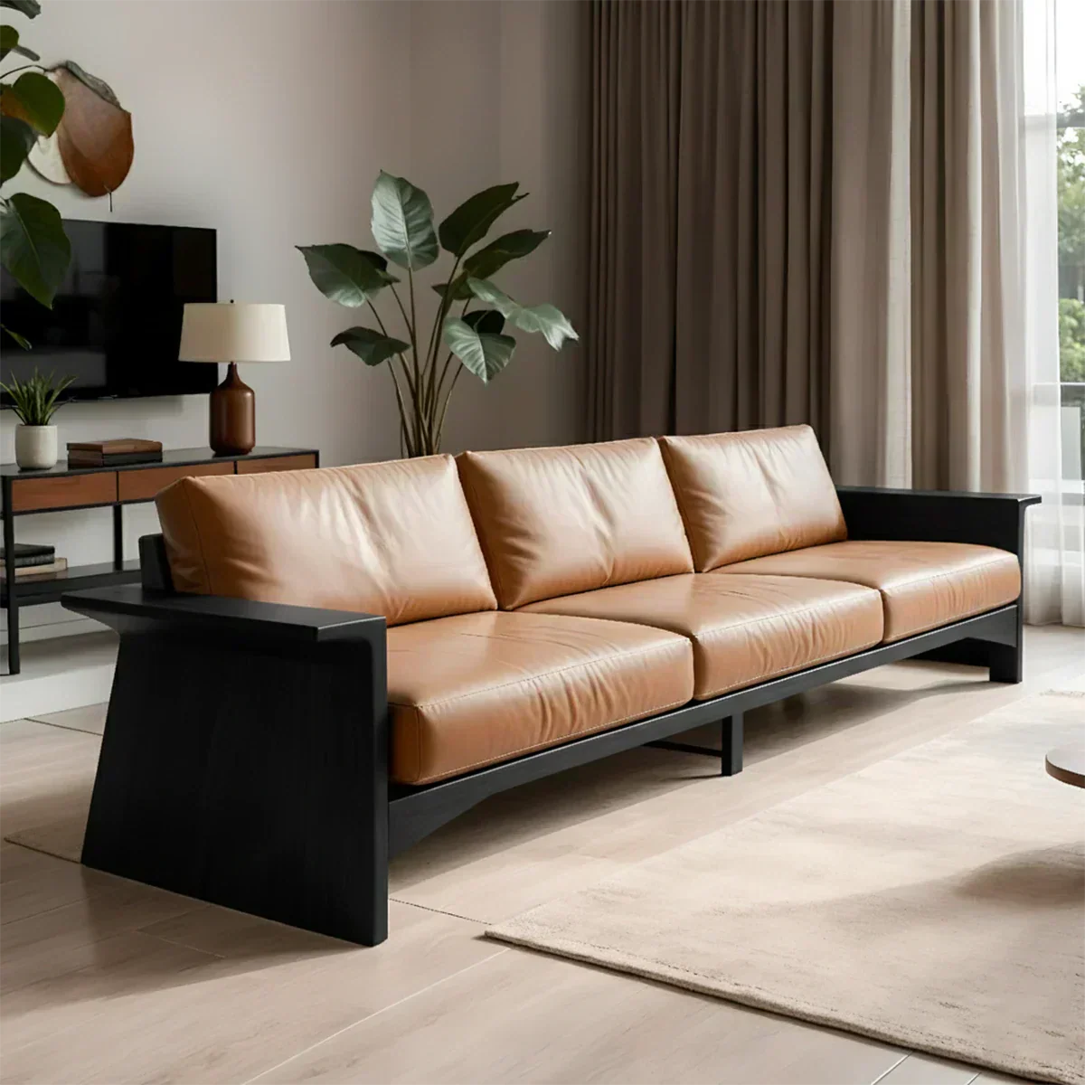 Solid Wood Sofa – Modern Warm Leather Harmony - Rustirawood