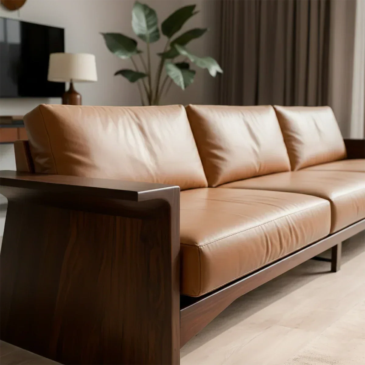 Solid Wood Sofa – Modern Warm Leather Harmony - Rustirawood