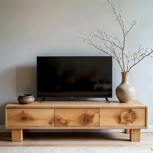 Solid Wood TV Stand – Minimalist Wabi Sabi Media Console with Natural Finish - Rustirawood