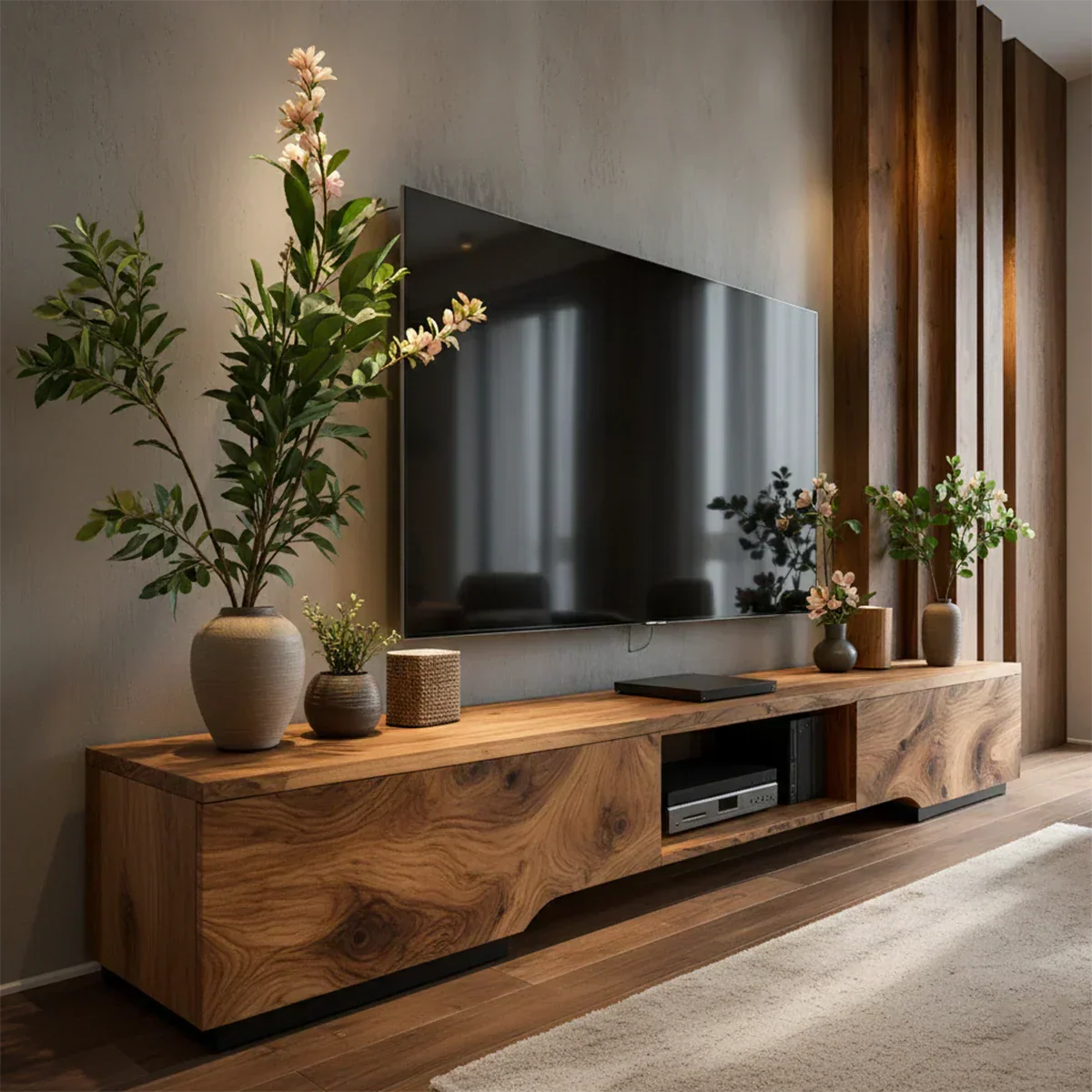 Solid Wood TV Stand – Modern Wabi Sabi Media Console - Rustirawood