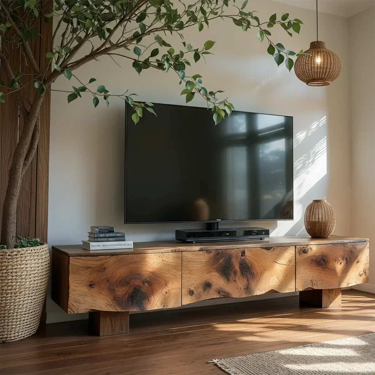 Solid Wood TV Stand – Wabi Sabi Media Console with Knotted Grain - Rustirawood