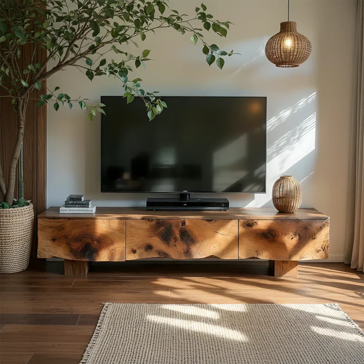 Solid Wood TV Stand – Wabi Sabi Media Console with Knotted Grain - Rustirawood