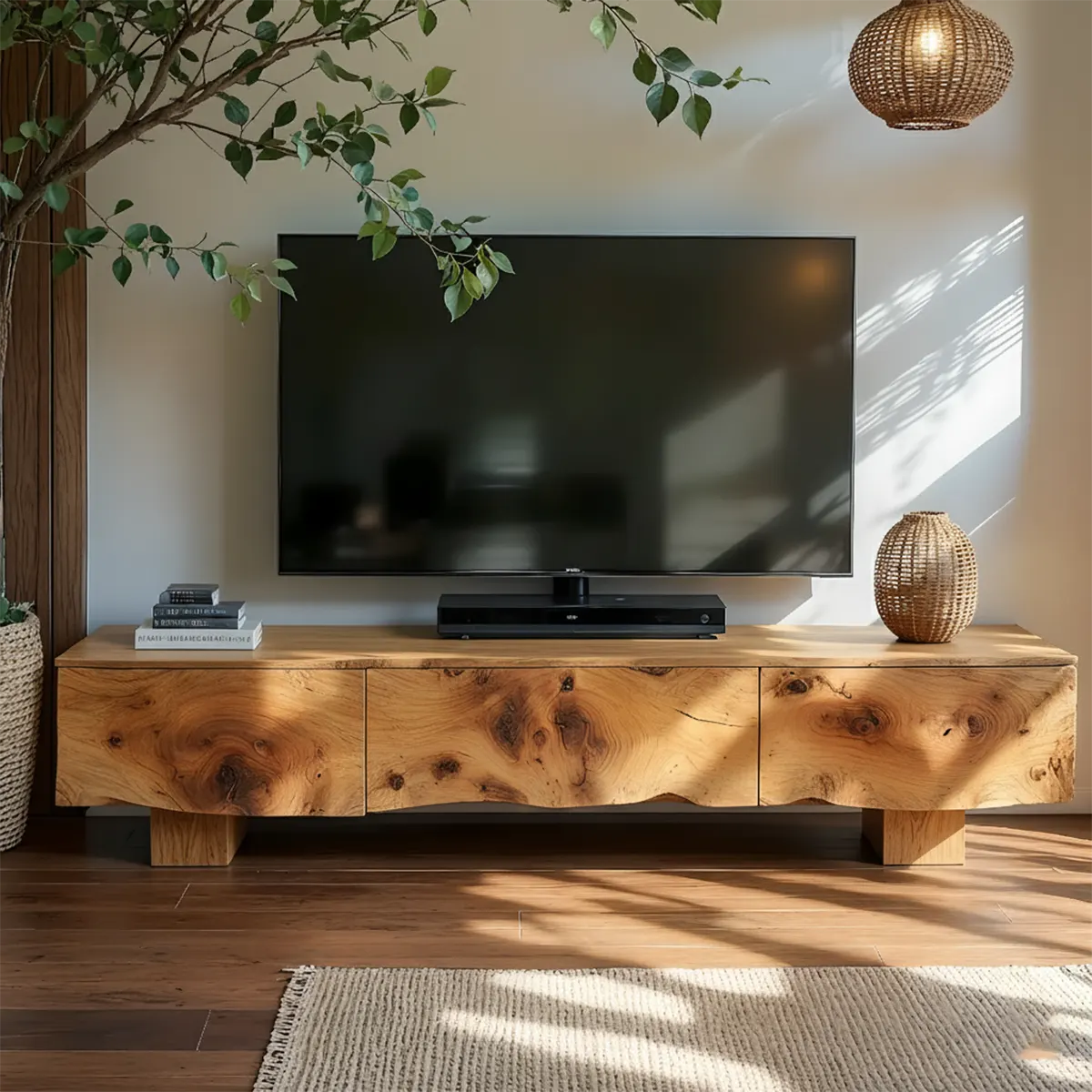 Solid Wood TV Stand – Wabi Sabi Media Console with Knotted Grain - Rustirawood