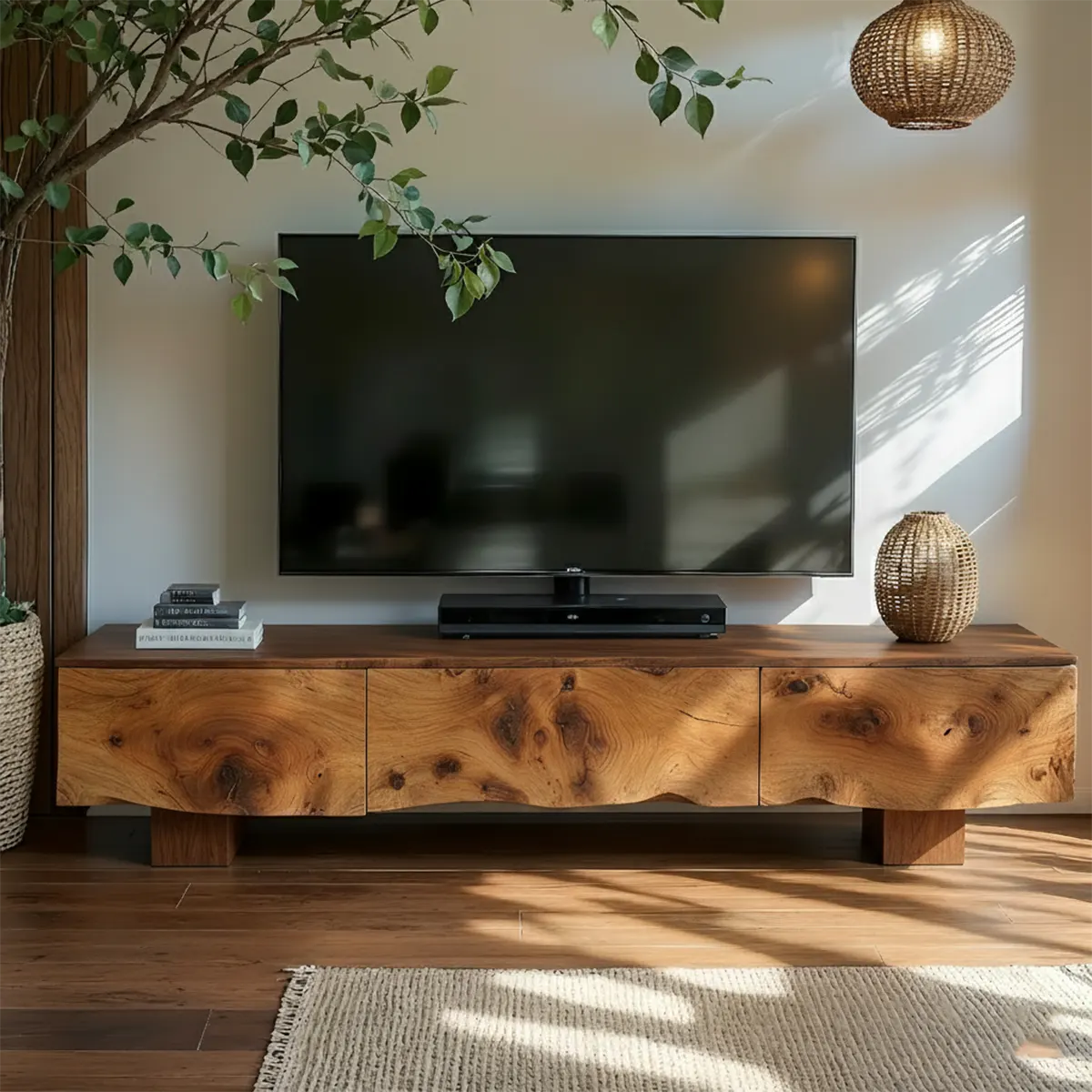 Solid Wood TV Stand – Wabi Sabi Media Console with Knotted Grain - Rustirawood