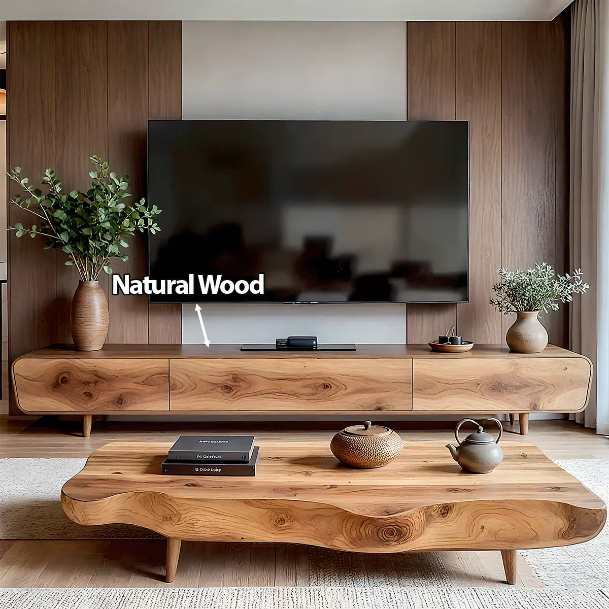 Solid Wood Wabi Sabi TV Stand – Natural Finish Media Console - Rustirawood