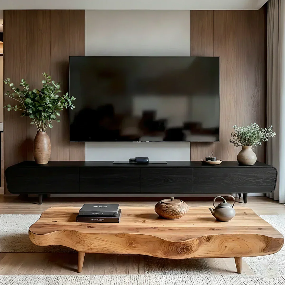 Solid Wood Wabi Sabi TV Stand – Natural Finish Media Console - Rustirawood
