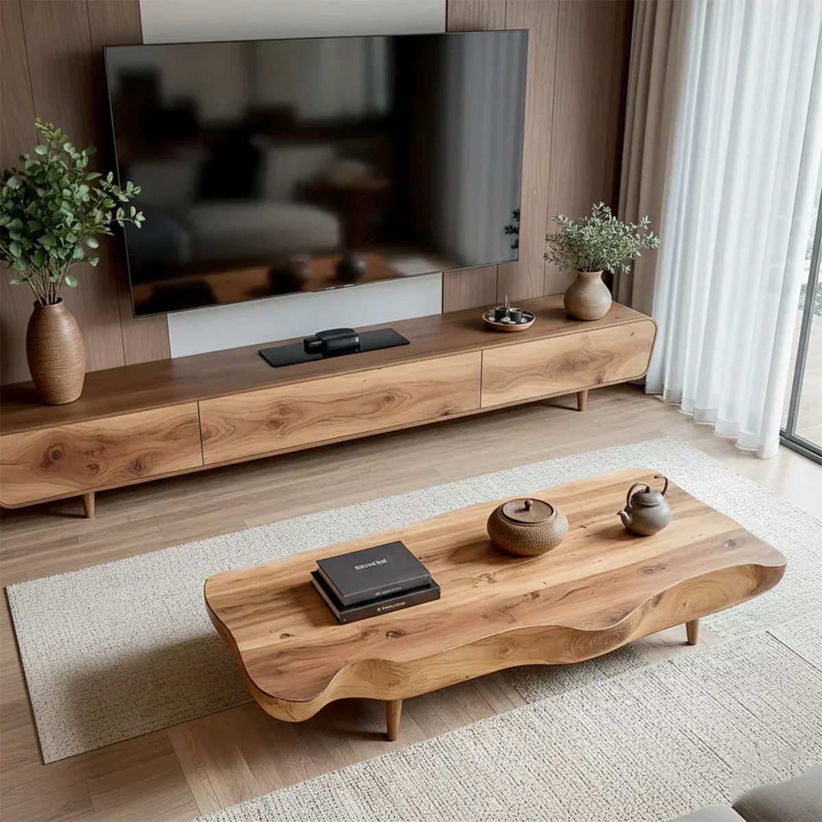 Solid Wood Wabi Sabi TV Stand – Natural Finish Media Console - Rustirawood