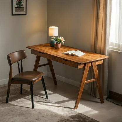 Solid Wood Writing Desk with A-Frame Legs & Dual Drawers - Rustirawood