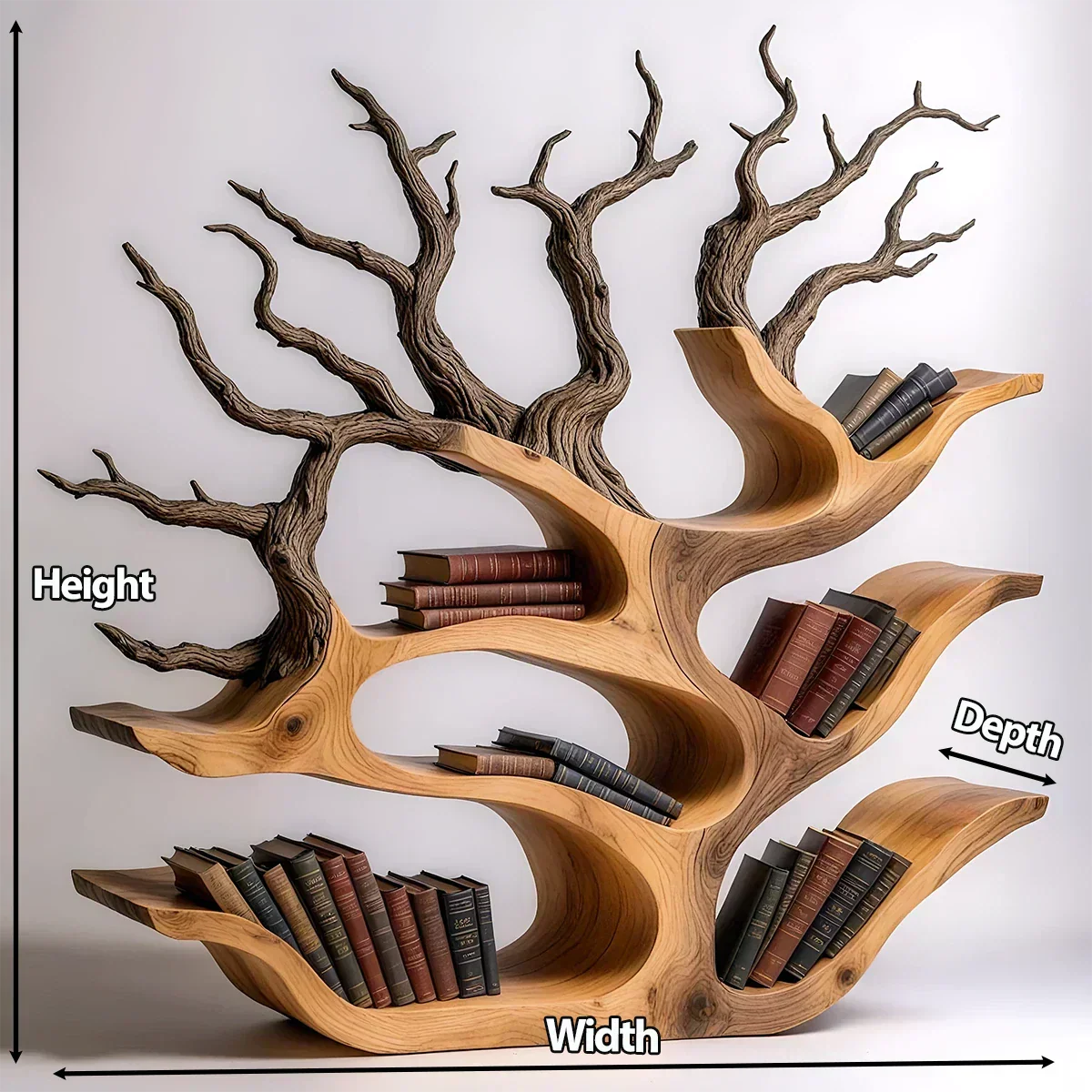 Tree-Shaped Natural Solid Wood Bookshelf – Sculptural Design - Rustirawood