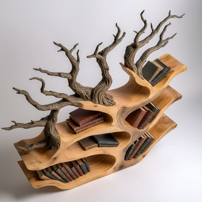 Tree-Shaped Natural Solid Wood Bookshelf – Sculptural Design - Rustirawood