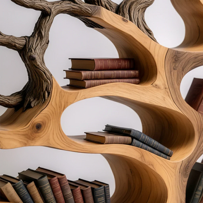 Tree-Shaped Natural Solid Wood Bookshelf – Sculptural Design - Rustirawood