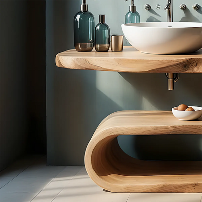WaveArc Vanity – Solid Wood Bathroom with Zen Curves - Rustirawood